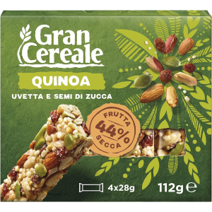 1 CONFEZIONI DA 4 BARRETTE DI GRANCEREALE QUINOA, UVETTA  E SEMI DI ZUCCA DA 28 GR