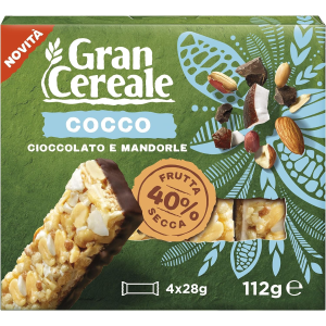 1 CONFEZIONI DA 4 BARRETTE DI GRANCEREALE COCCO, CIOCCOLATO FONDENTE E MANDORLE  DA 28 GR